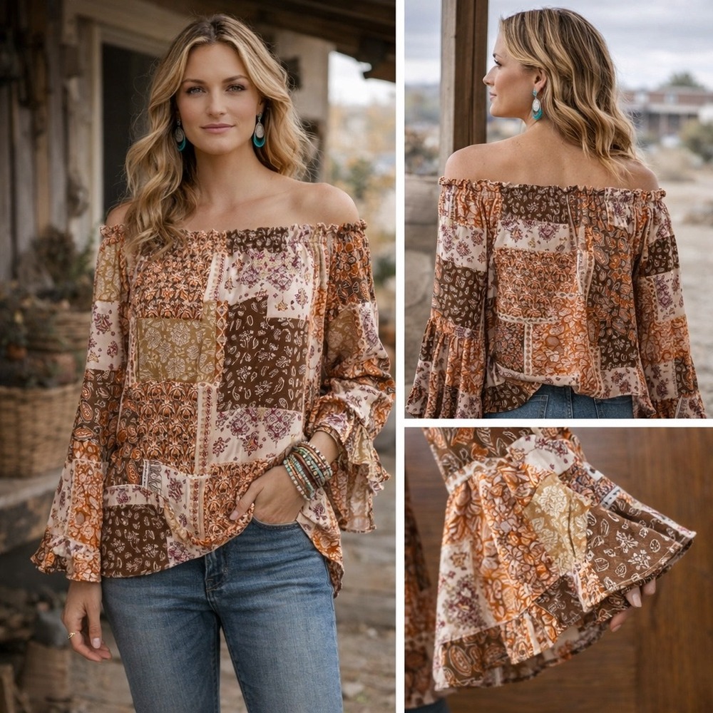Anthropologie Savanna Jane Boho Cottagecore Patchwork Paisley Bell Sleeve Large